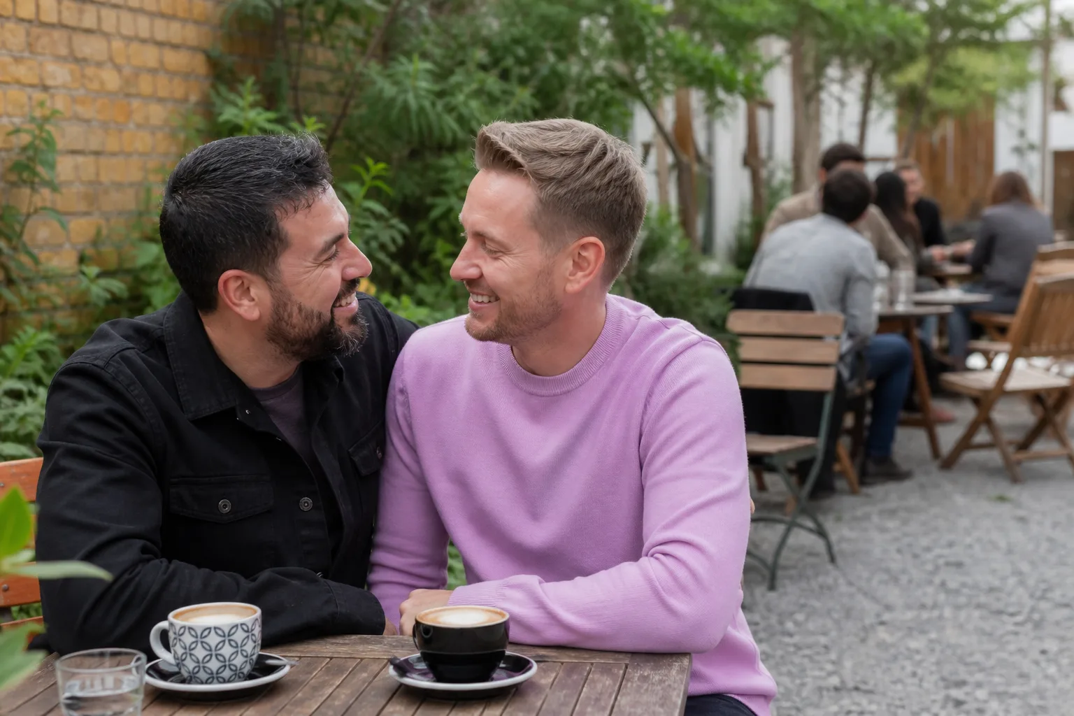 Two men talking over coffee in central Dorchester