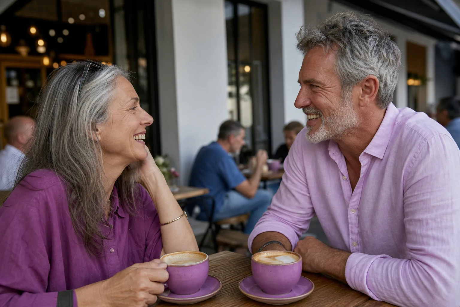 Two people over 50 talking over coffee in a Dorset market town