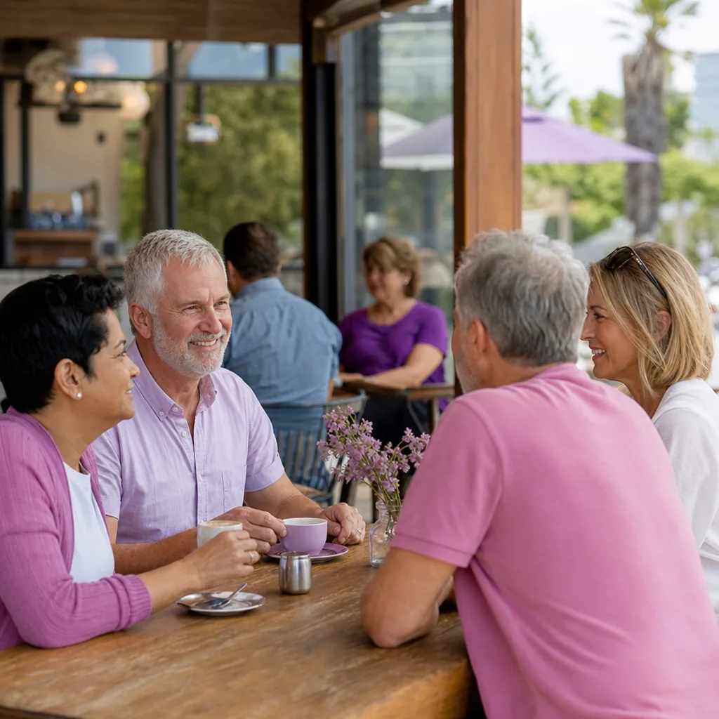 Mature Dorset singles chatting over coffee in a welcoming local café