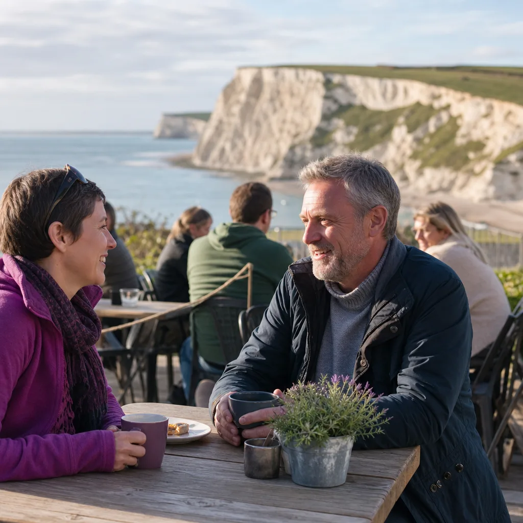 Two adults walking along Weymouth seafront on a bright afternoon