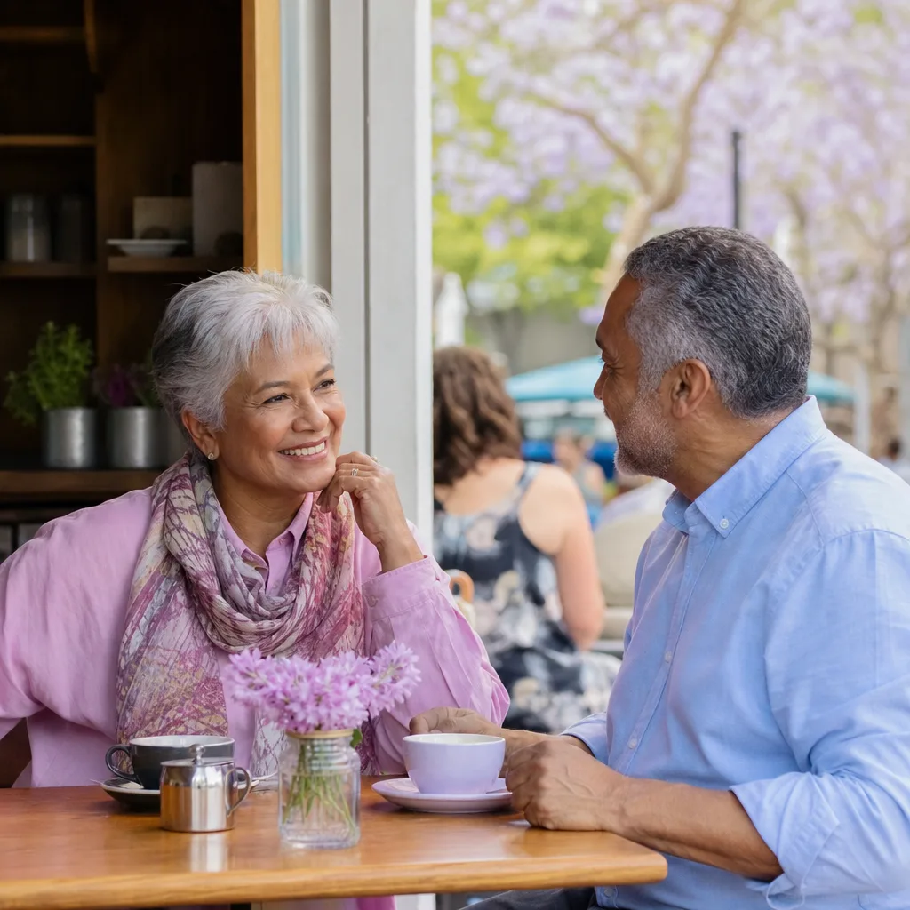 Two people over 50 meeting outside a cafe near Weymouth Esplanade