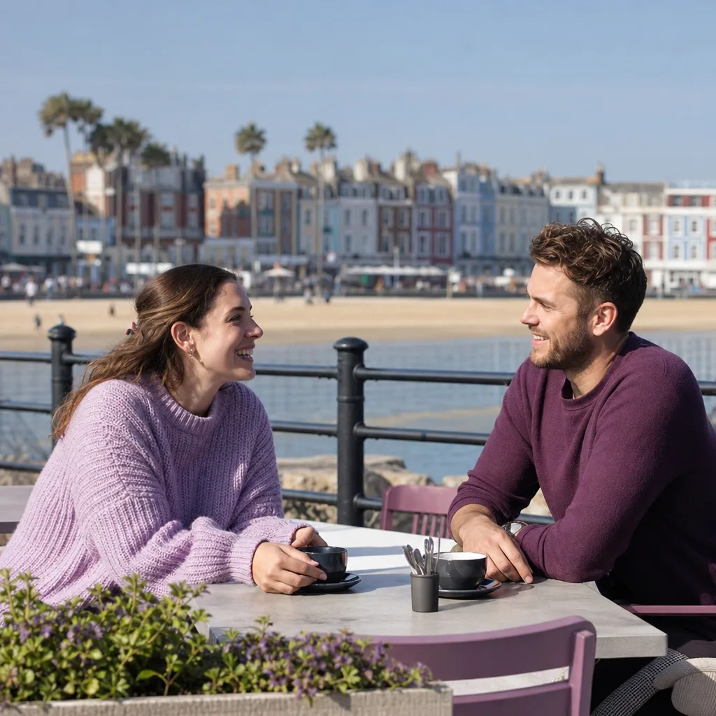 Two adults talking over coffee at a café near Weymouth seafront